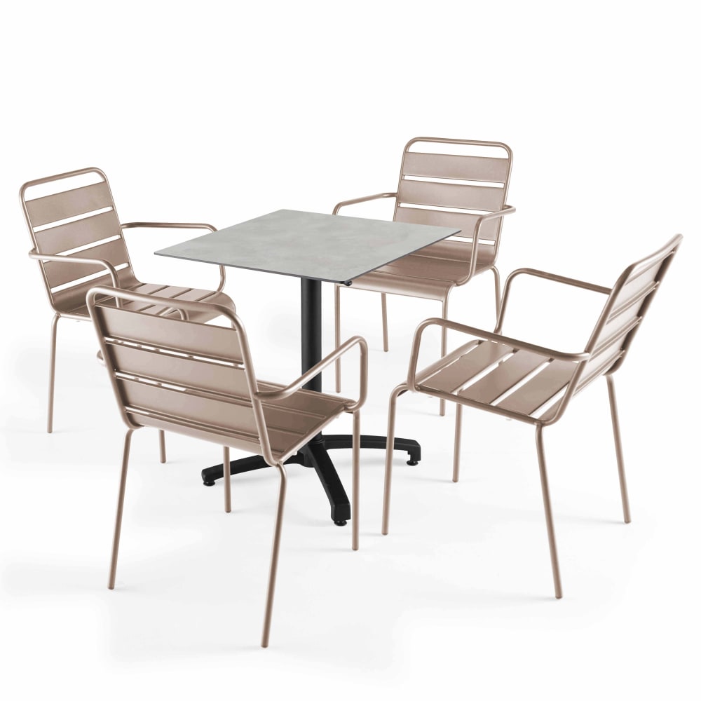 Ensemble table 70 cm gris clair et 4 chaises en métal taupe