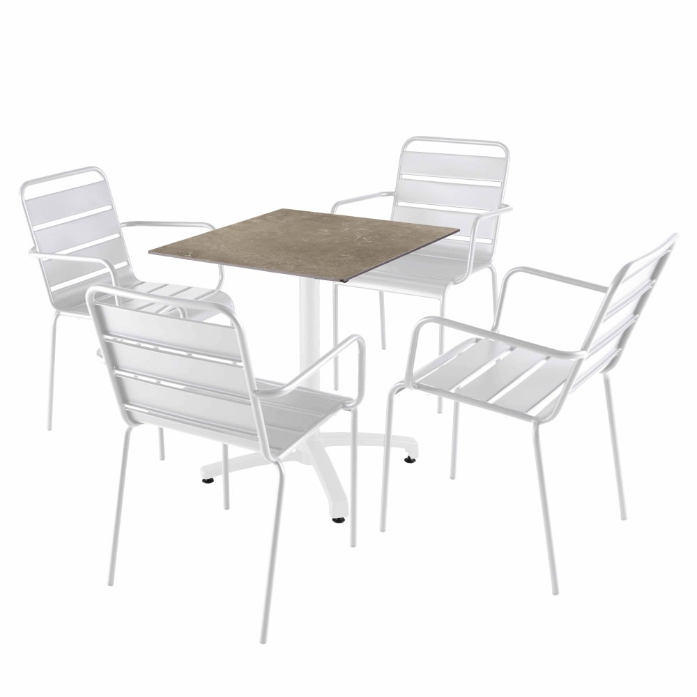 Ensemble table 70 cm marbre beige et 4 chaises en métal blanc