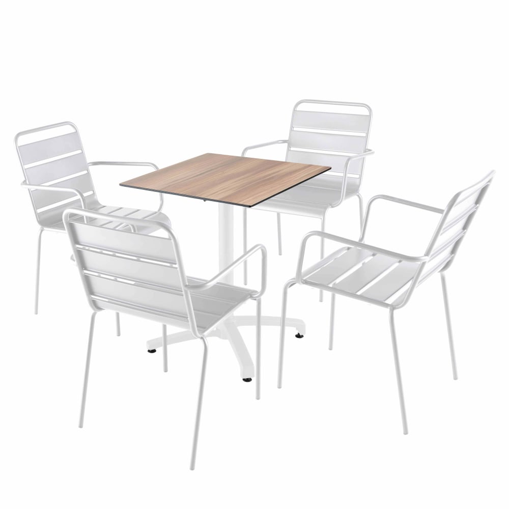 Ensemble table 60 cm chêne foncé et 4 chaises en métal blanc