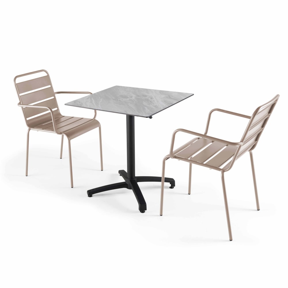 Ensemble table 70 cm marbre et 2 chaises en métal taupe