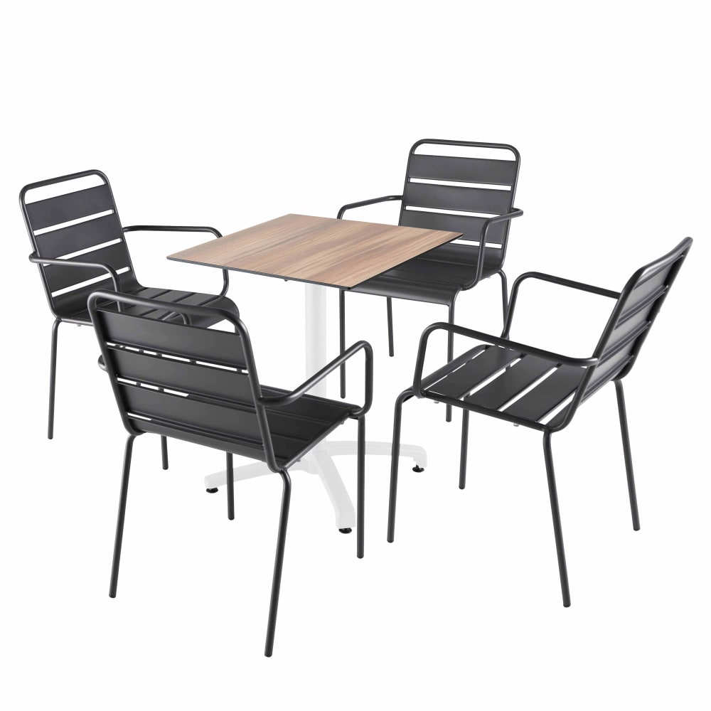 Ensemble table 60 cm chêne foncé et 4 chaises en métal gris