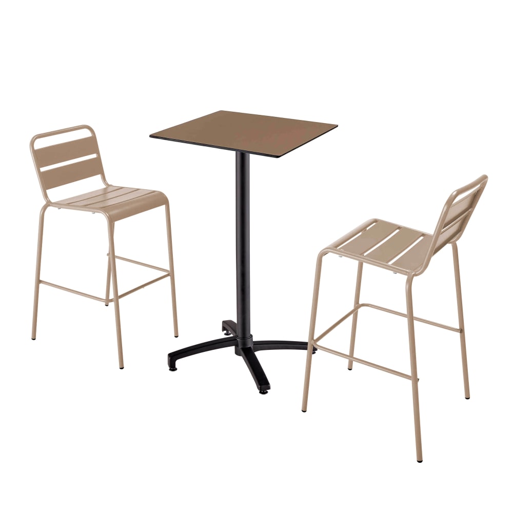 Ensemble table haute stratifié taupe et 2 chaises hautes taupe
