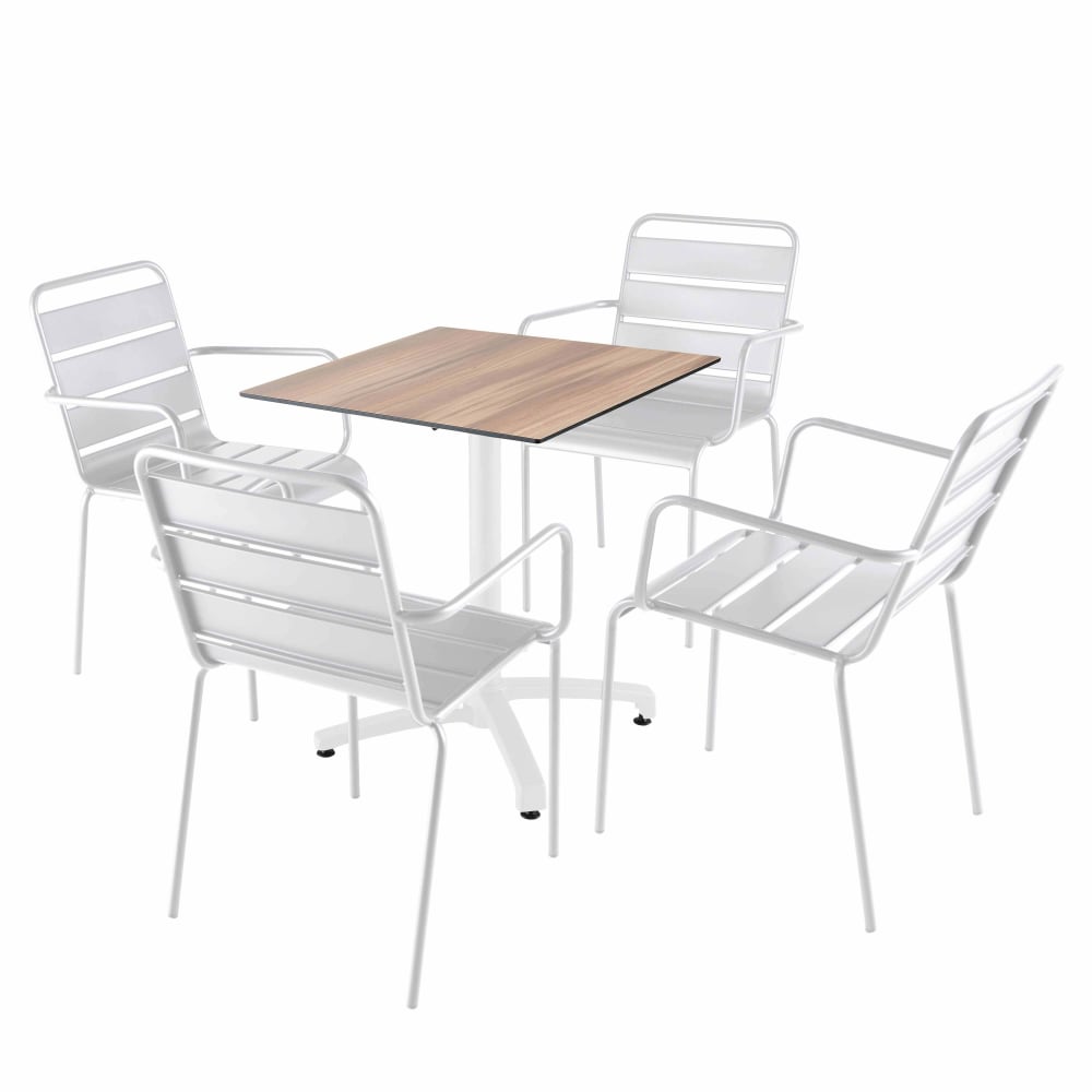 Ensemble table 70 cm chêne foncé et 4 chaises en métal blanc