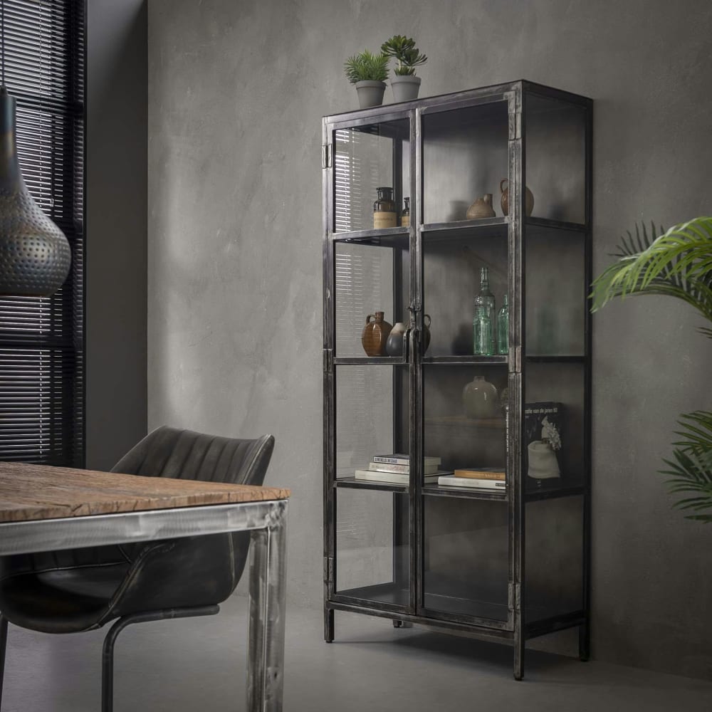 Vitrine industrielle 2 portes en métal noir vieilli h190cm