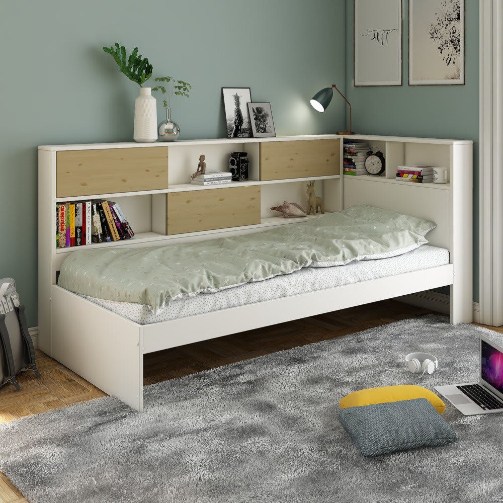 Lit à rangements pin massif blanc bois 90x200 - Maisons du Monde