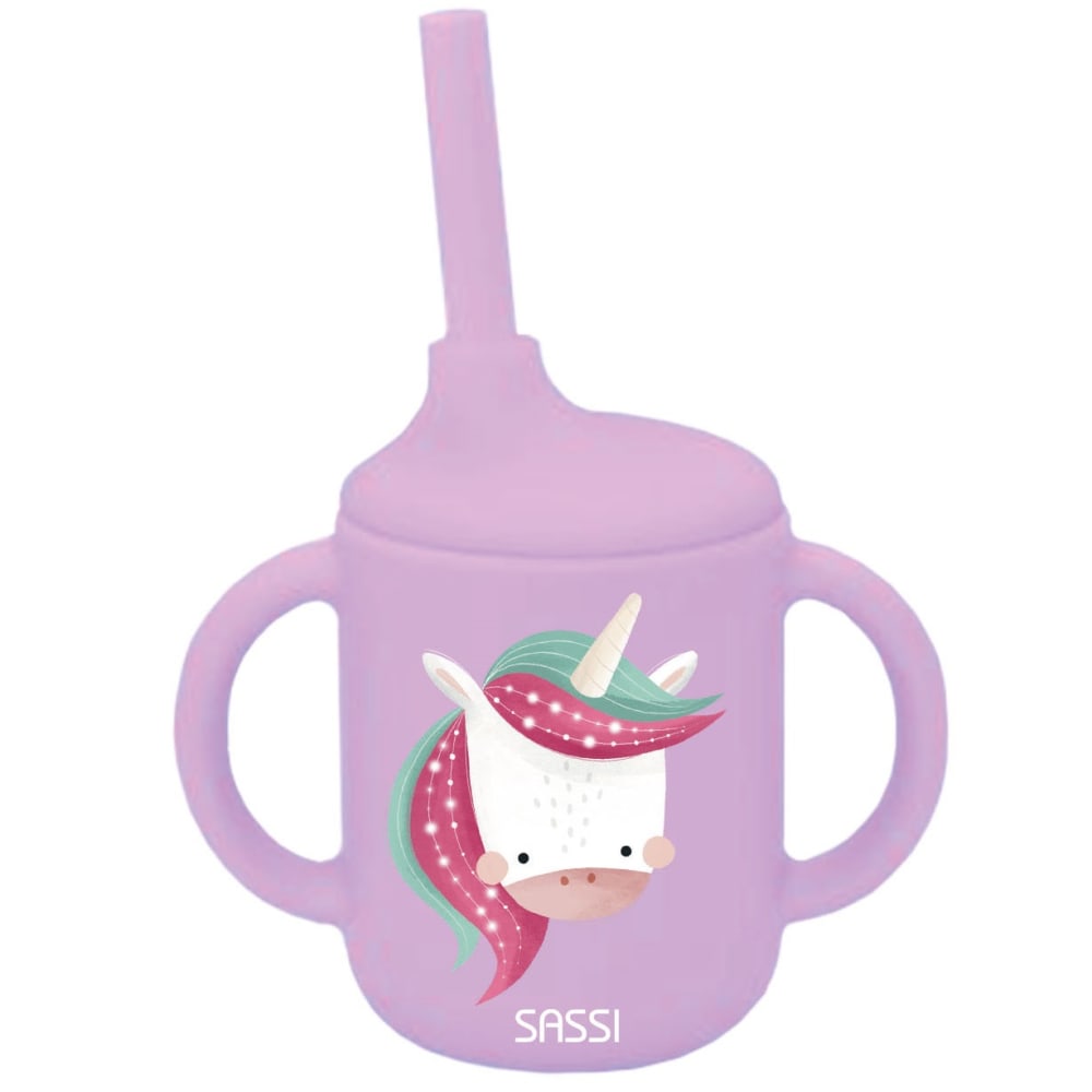 Sassi Junior Silikon-Becher mit Trinkhalm Sparkly das Einhorn style exotic VIOLETT SILIKON-ORGANOSILOXAN Kinder