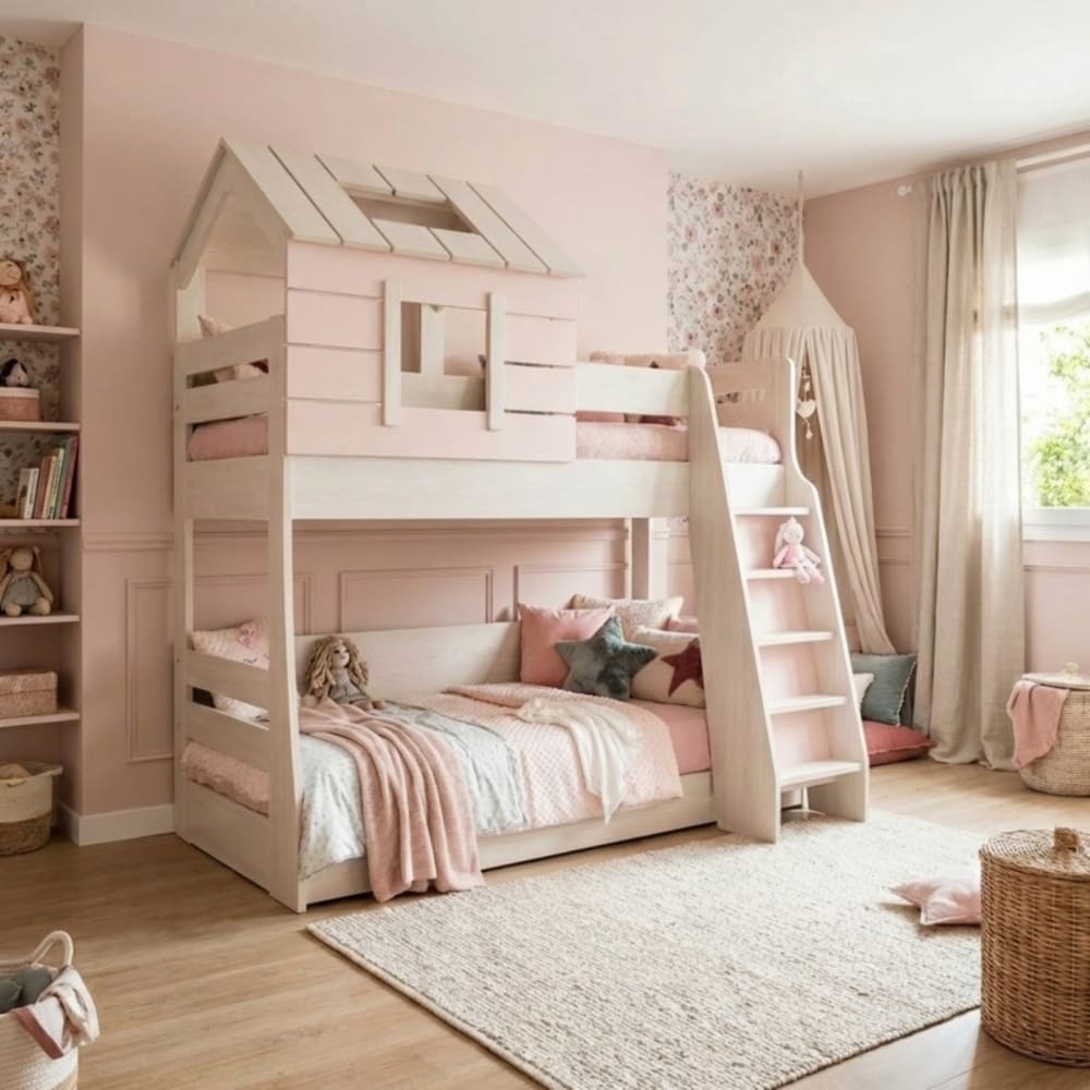 Lit superposé petite maison escalier droit  rose 230x207x149cm