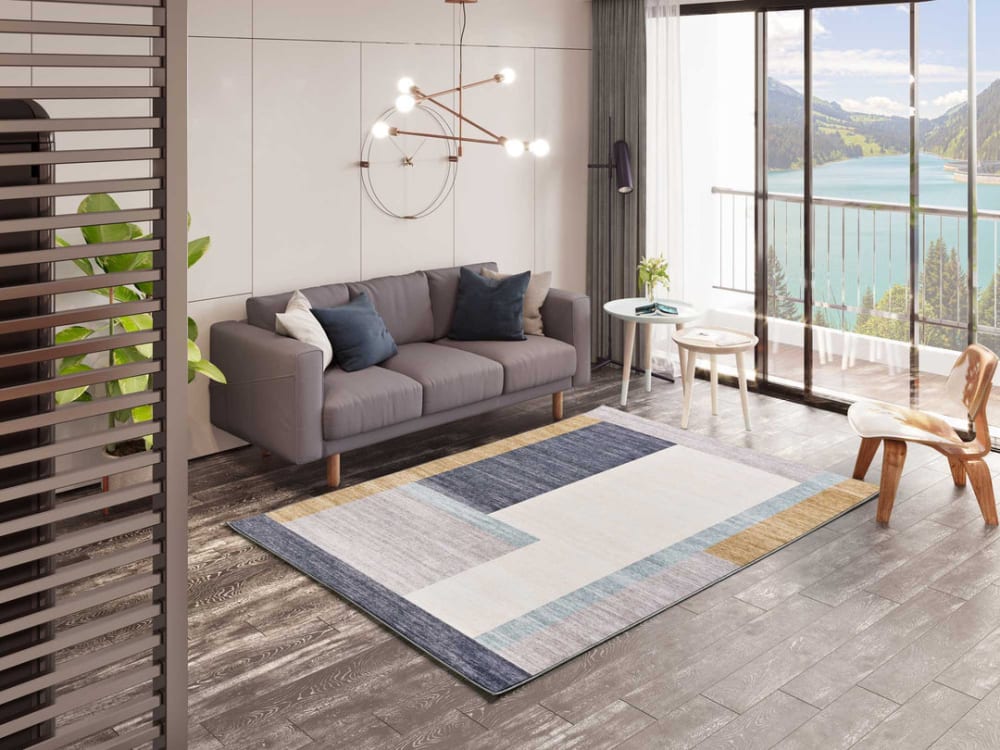 Tapis géométrique beige/bleu/gris 80x150 cm — vue 3