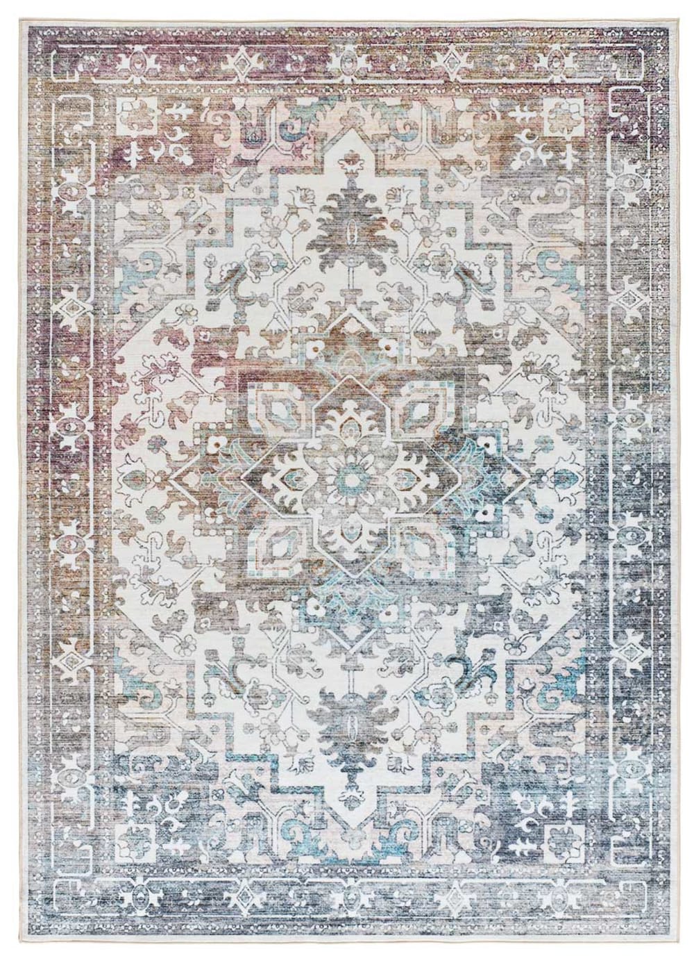 Tapis vintage oriental blanc/bleu/rouille 80x150 cm