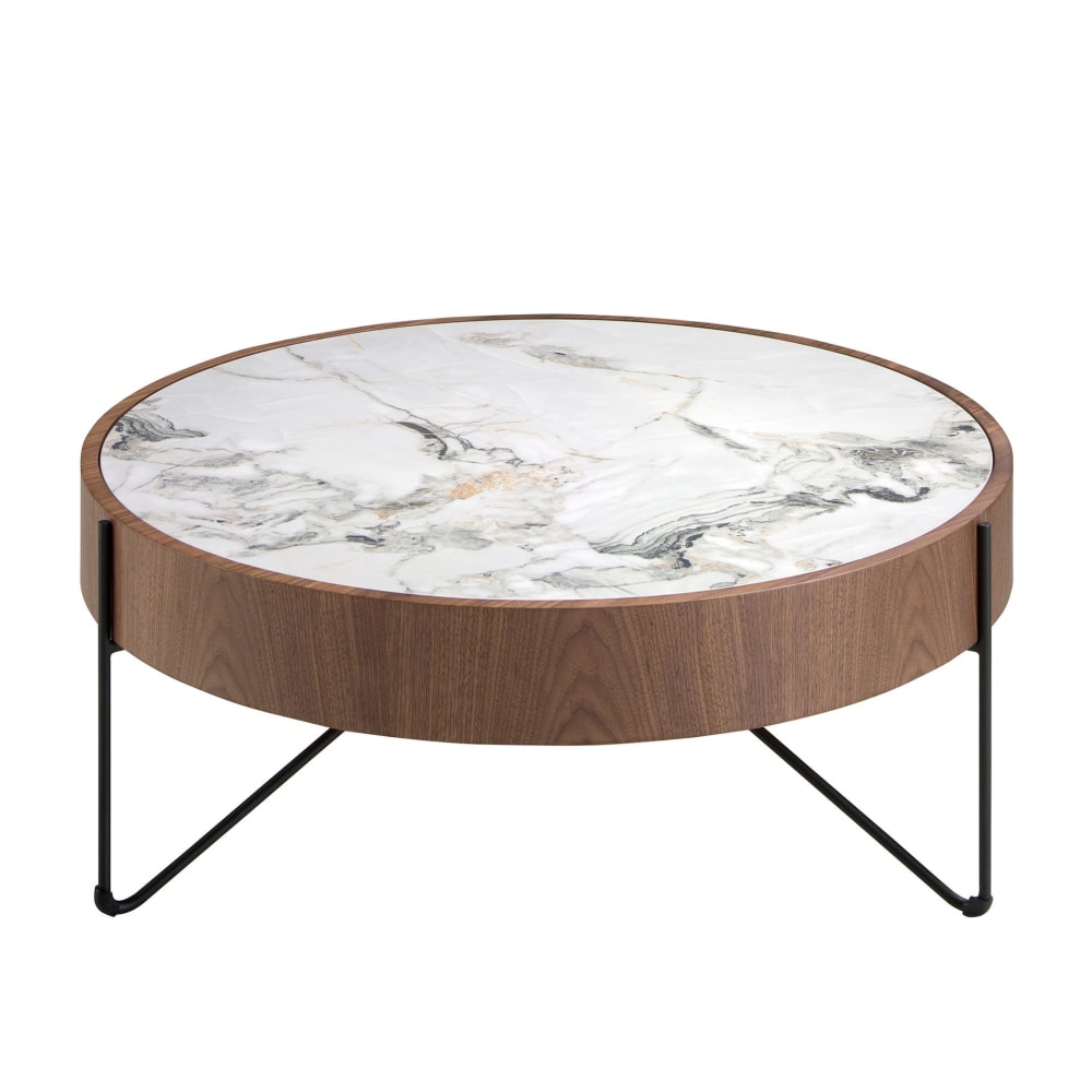 Table basse ronde en marbre porcelaine, noyer et acier noir - Maisons du Monde