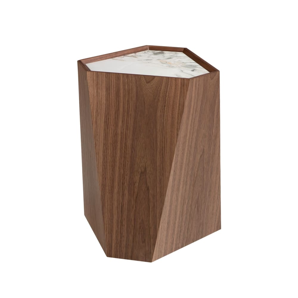 Table d'angle triangulaire en porcelaine, marbre et noyer