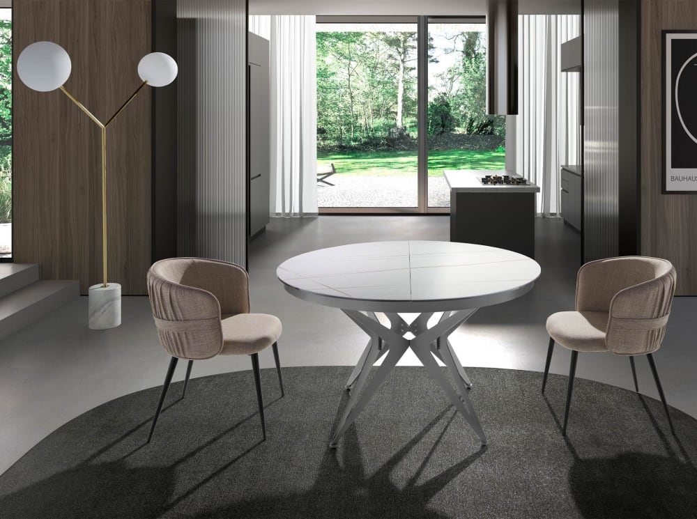 Angel Cerda Runder ausziehbarer Esstisch aus Porzellanmarmor und grauem Stahl style modern Weiß Porzellan