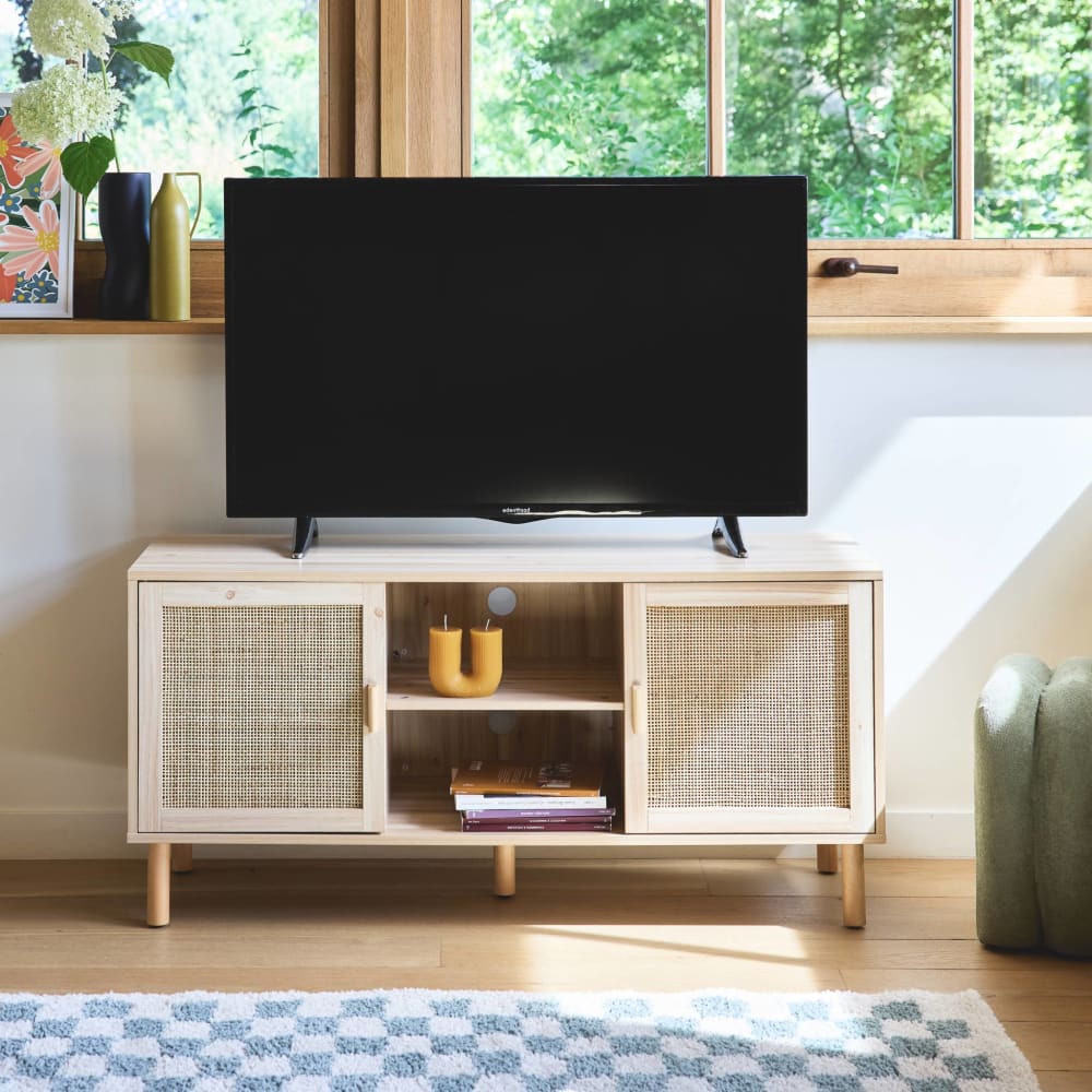 Meuble tv cannage 2 portes et 1 étagère, 120cm