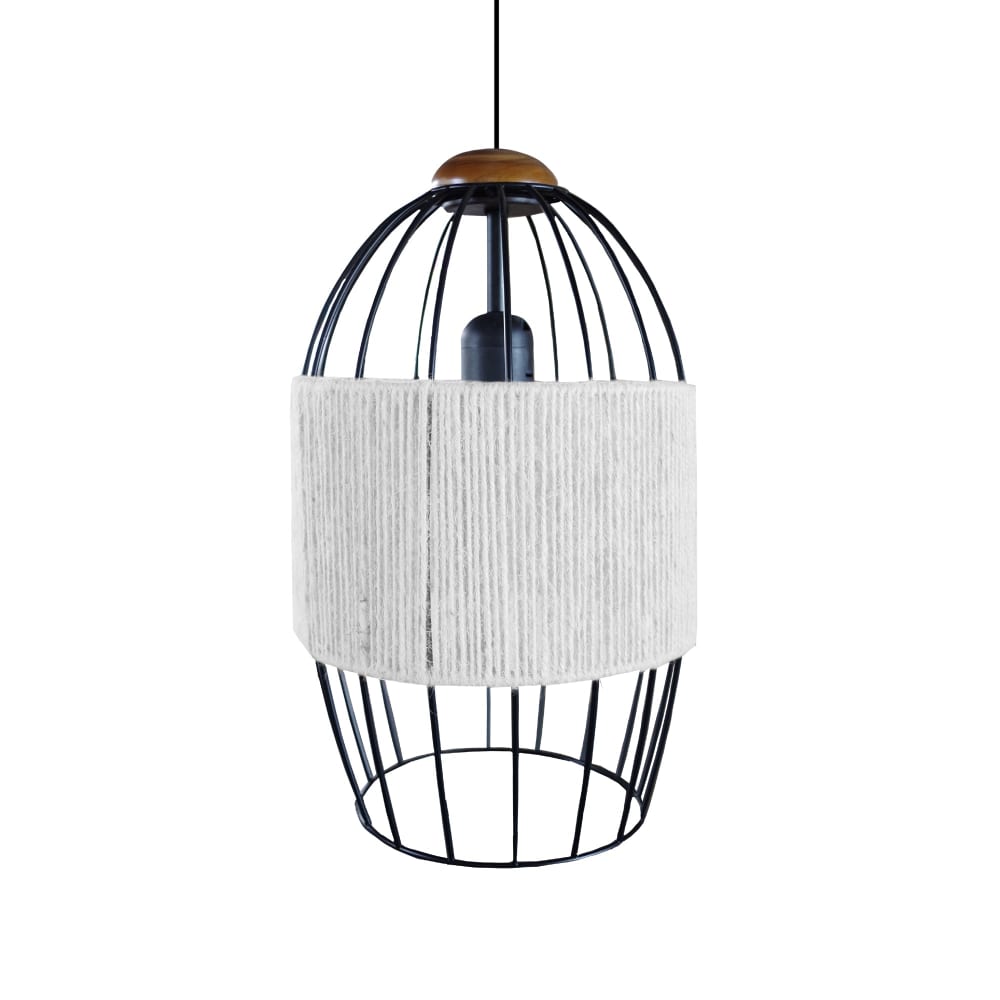 Suspension  métal noir bois foncé abat-jour fibre Blanc