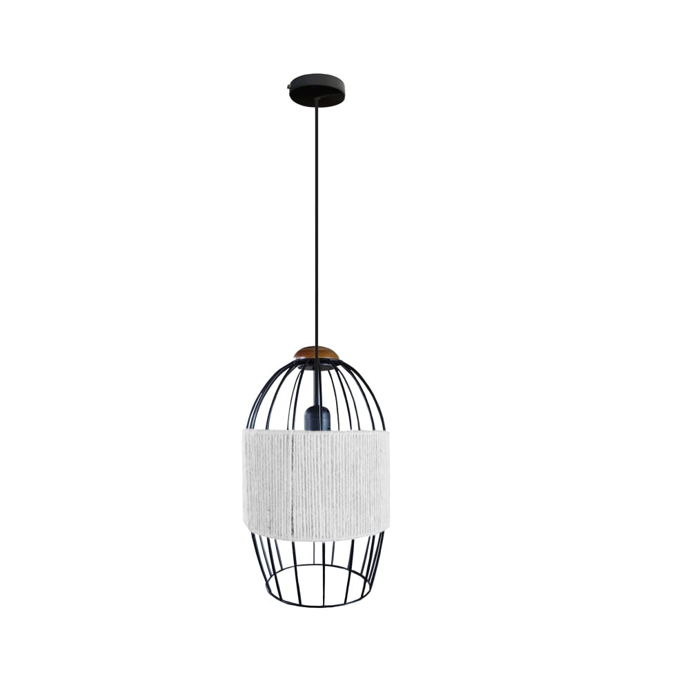 Suspension  métal noir bois foncé abat-jour fibre Blanc