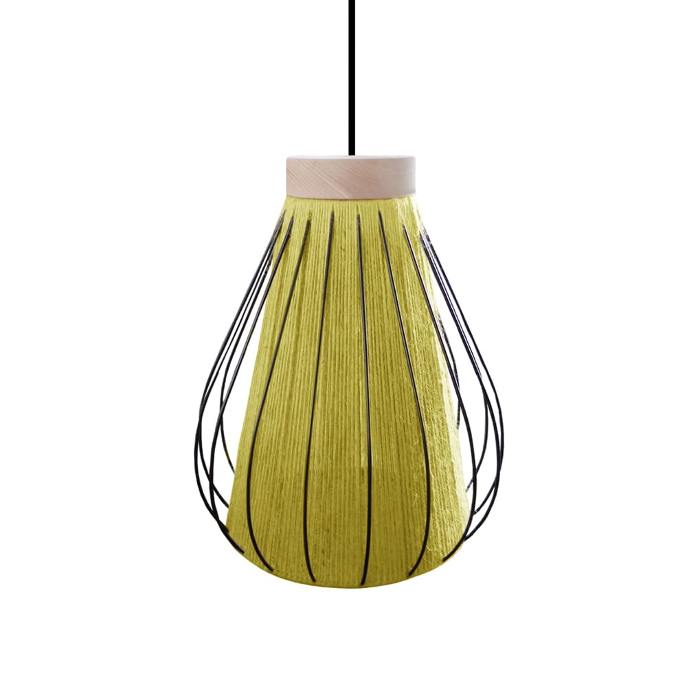Suspension métal noir bois abat-jour fibre jaune