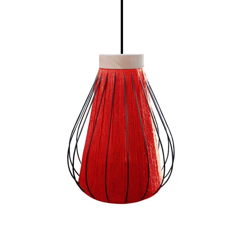 Suspension métal noir bois naturel abat-jour ficelle Rouge