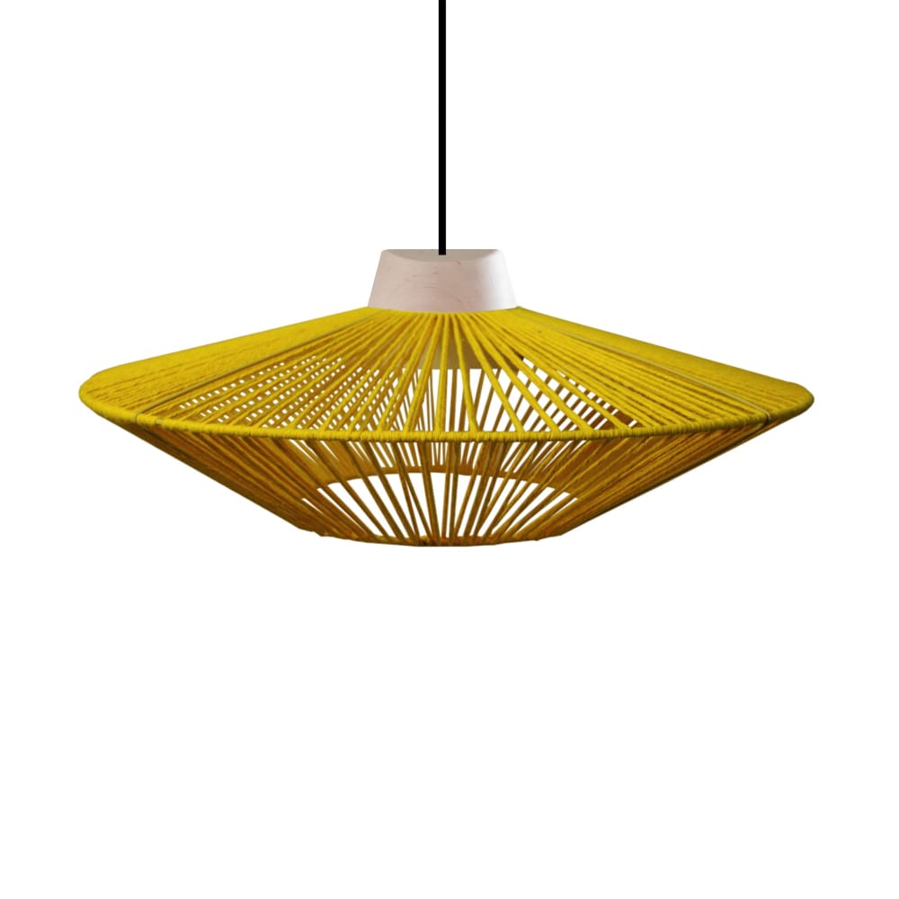 Suspension métal noir et bois naturel abat-jour ficelle jaune