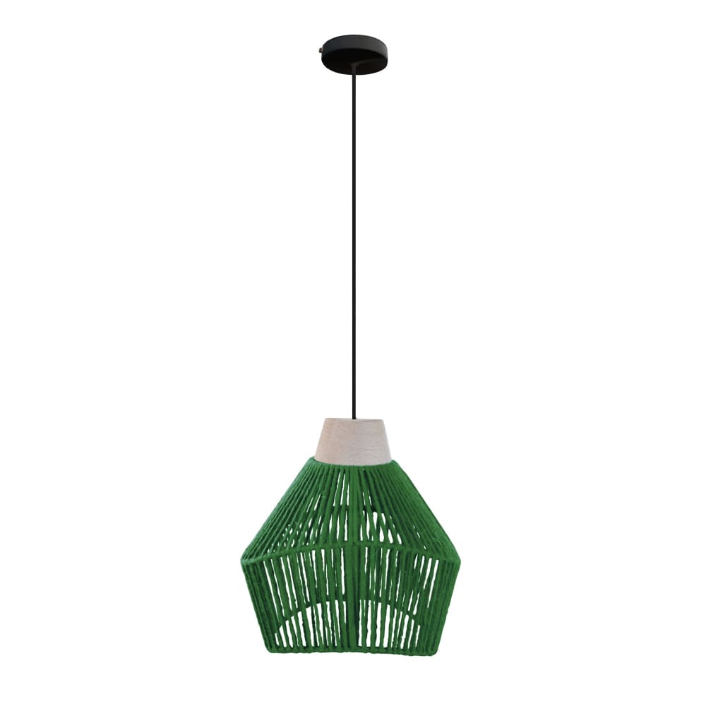 Suspension métal noir bois naturel abat-jour ficelle vert