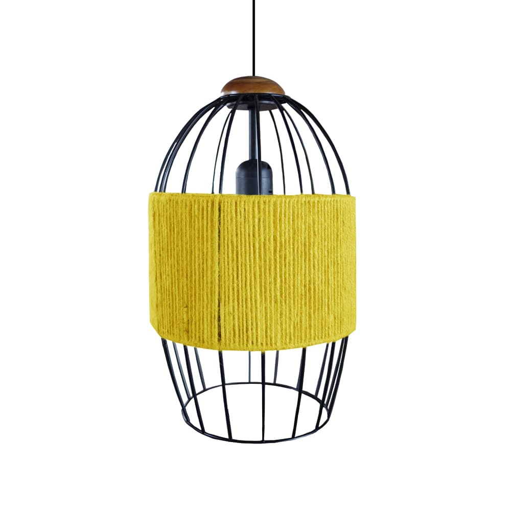 Suspension métal noir et bois foncé abat-jour ficelle jaune