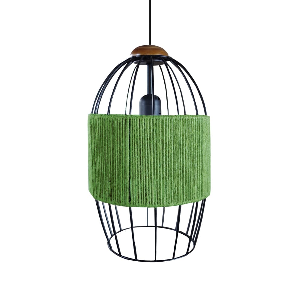 Suspension métal noir et bois foncé abat-jour ficelle vert