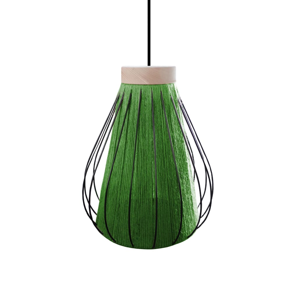 Suspension métal noir bois naturel abat-jour fibre vert