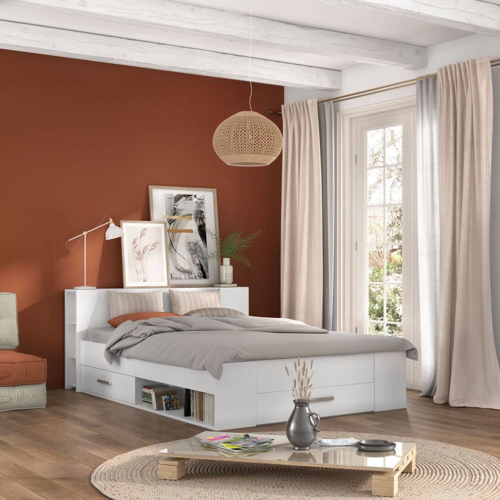 Lit rangement effet bois Blanc 140 x 190 cm - Maisons du Monde