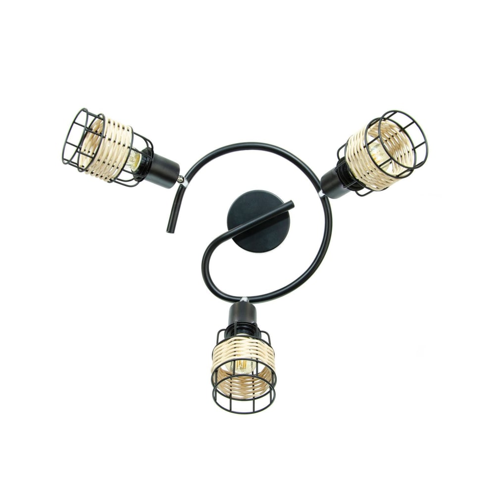 Plafonnier 3 lumières en métal noir et rotin tressé naturel — vue 4