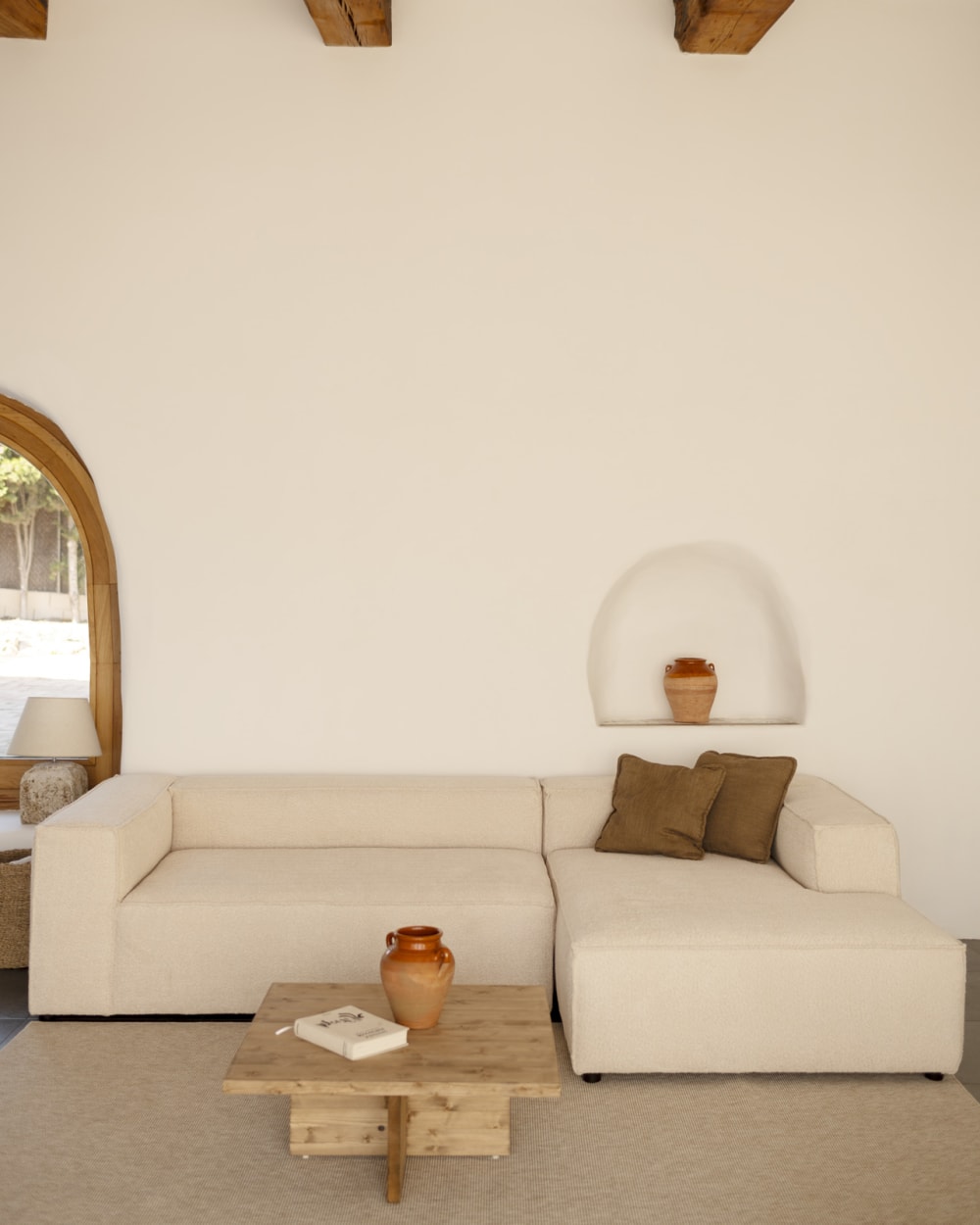 Canapé d'angle droit 3/4 places en bouclé couleur beige 250x175cm