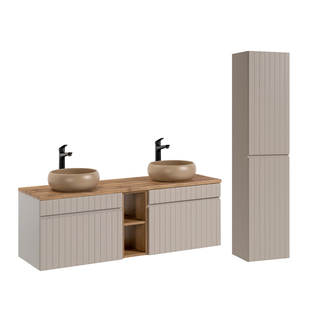 Ensemble meuble double vasque 140cm panneaux mdf et stratifiés beige Ensemble meuble double vasque 140cm panneaux mdf et stratifiés beige