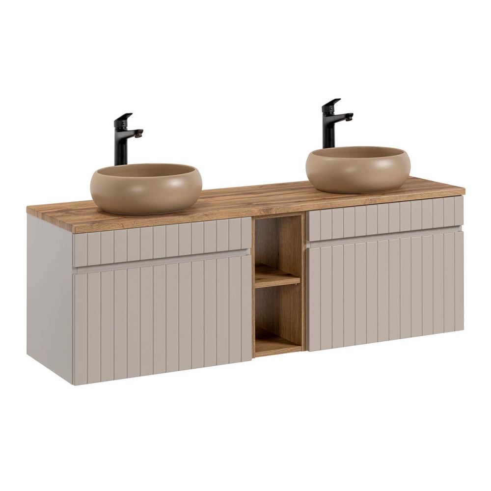 Meuble double vasque 140cm 2 niches panneaux mdf et stratifiés beige Meuble double vasque 140cm 2 niches panneaux mdf et stratifiés beige