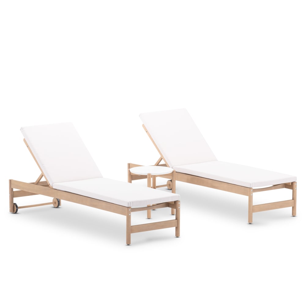 Set de 2 chaises longues en bois avec coussin et table D50