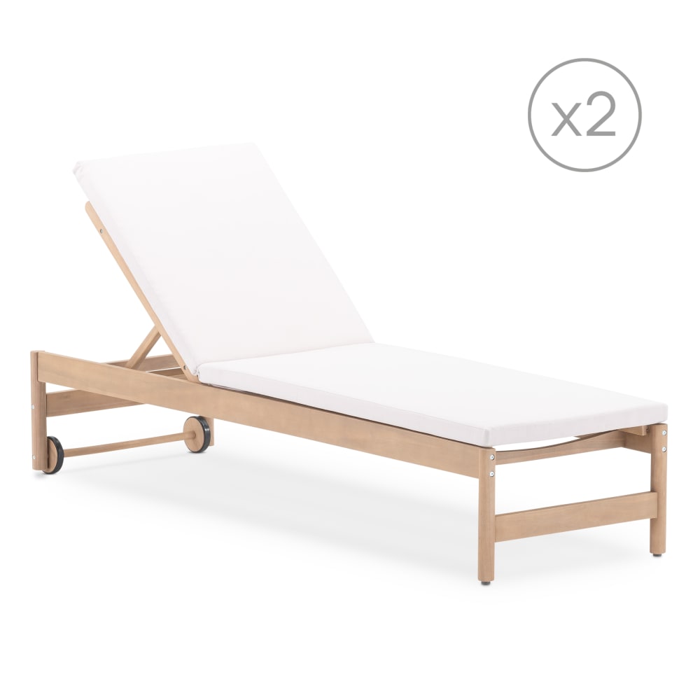 Lot de 2 chaises longues en bois avec coussin