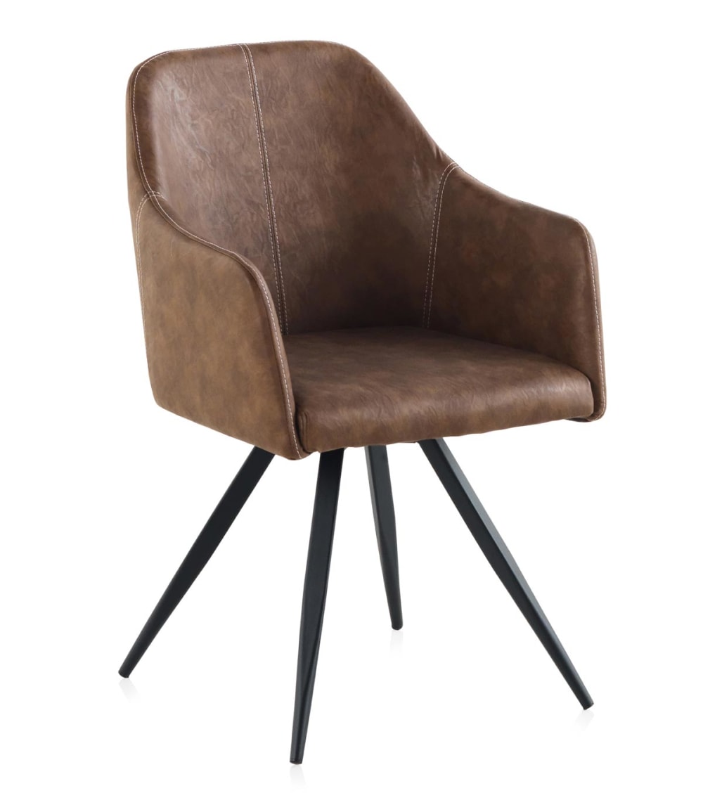 Fauteuil tapissé marron et pieds métal noir