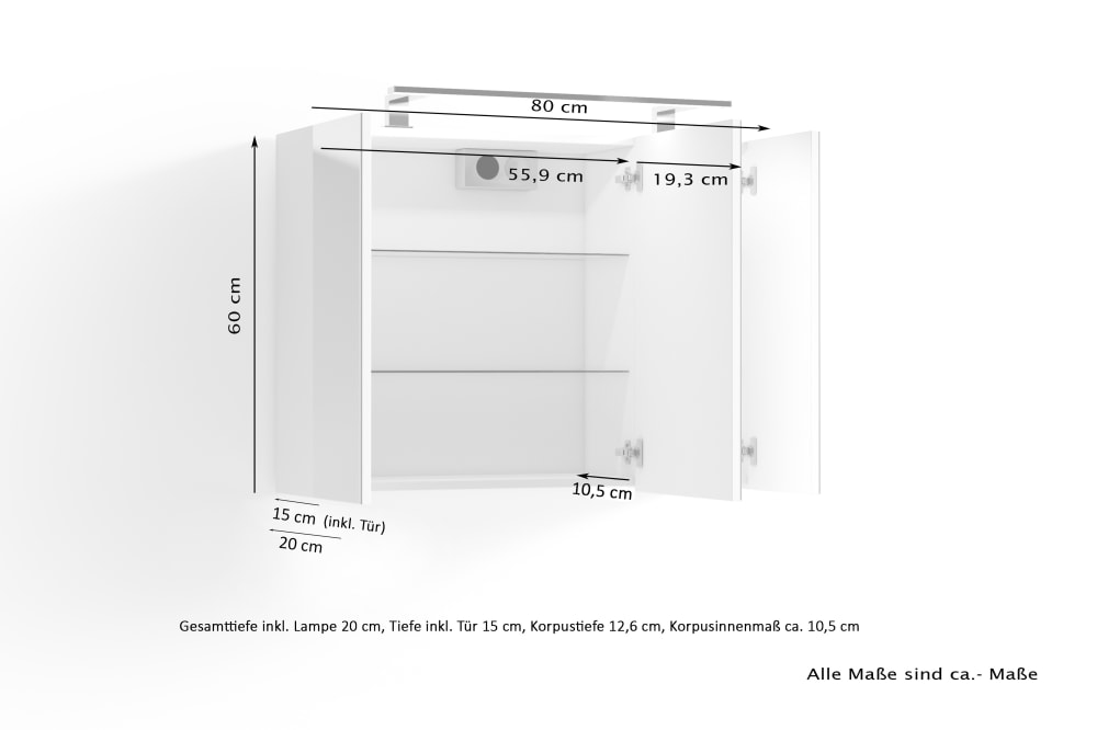Spiegelschrank mit Soft-Close-Türen, mit Beleuchtung, B 80 cm,