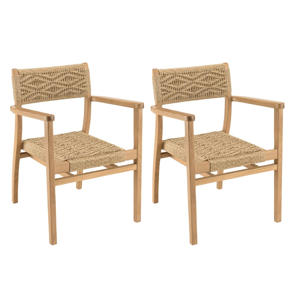 Lot de 2 fauteuils jardin teck rotin synthétique motif losange