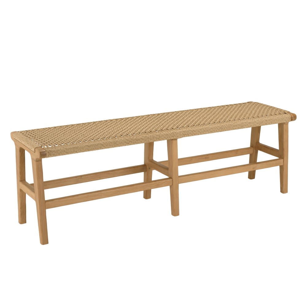 Banc de jardin 3 places teck assise rotin synthétique beige