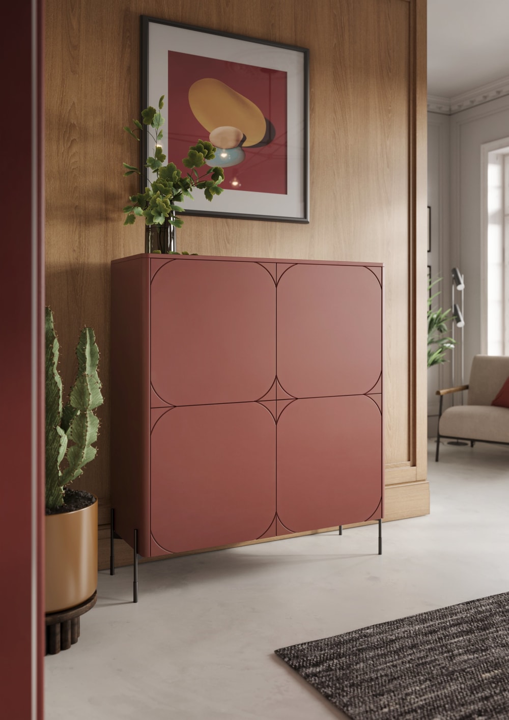 Buffet 2 portes pied métal bordeaux 124x140 cm
