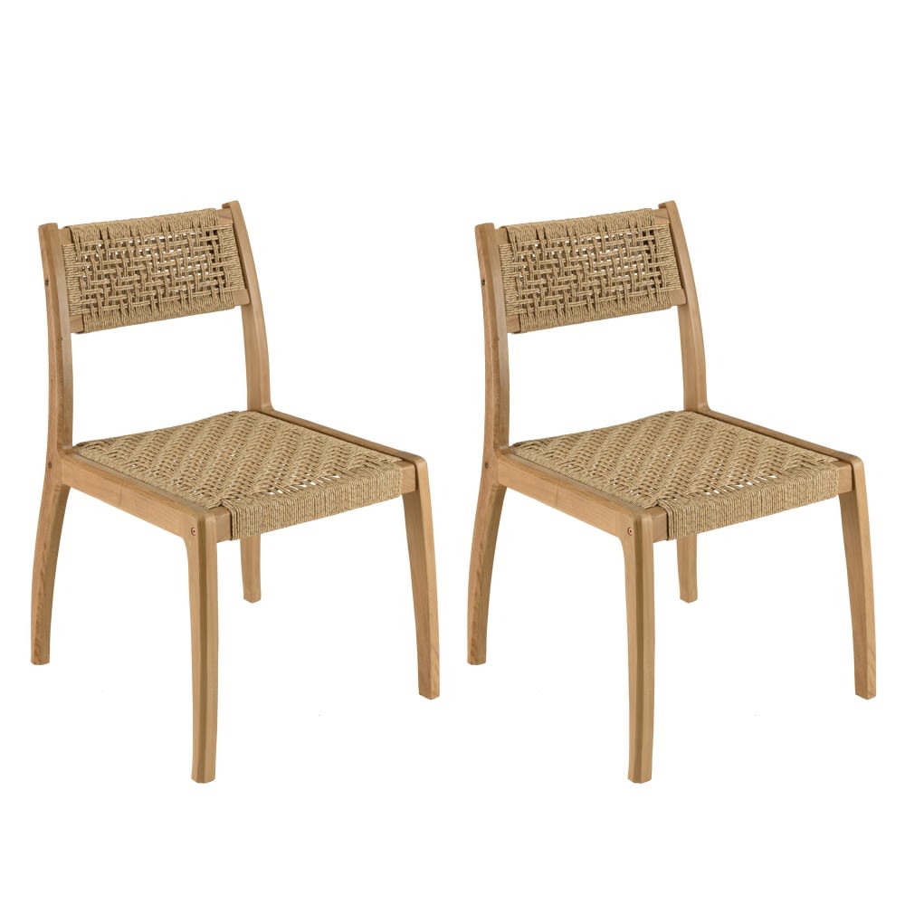 2er Set Gartenstühle aus Teakholz und synthetischem Rattan, Beige