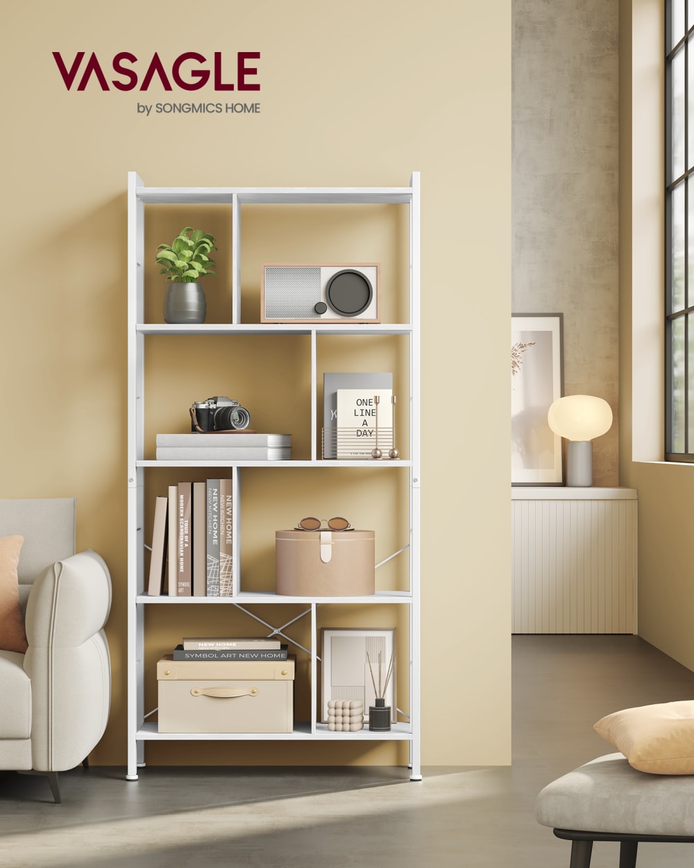 Bibliothèque à 5 niveaux grande structure métallique blanc érable