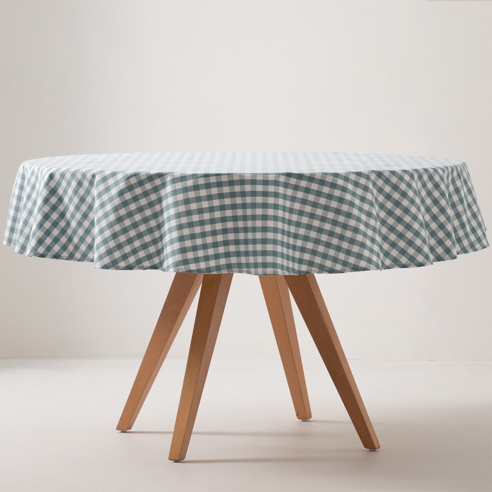 Nappe ronde en coton antitache tissu à carreaux aqua marine 160x160cm