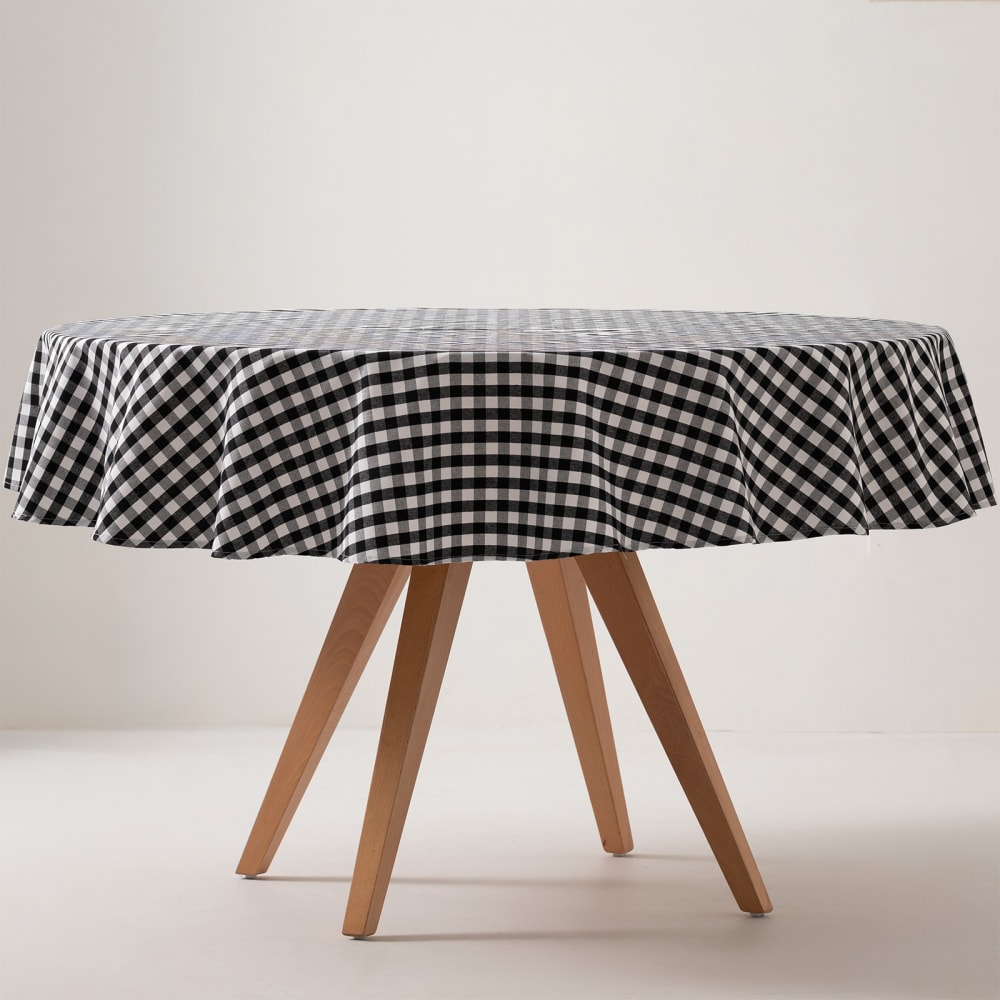 Nappe ronde en coton antitache tissu à carreaux noir 160x160cm