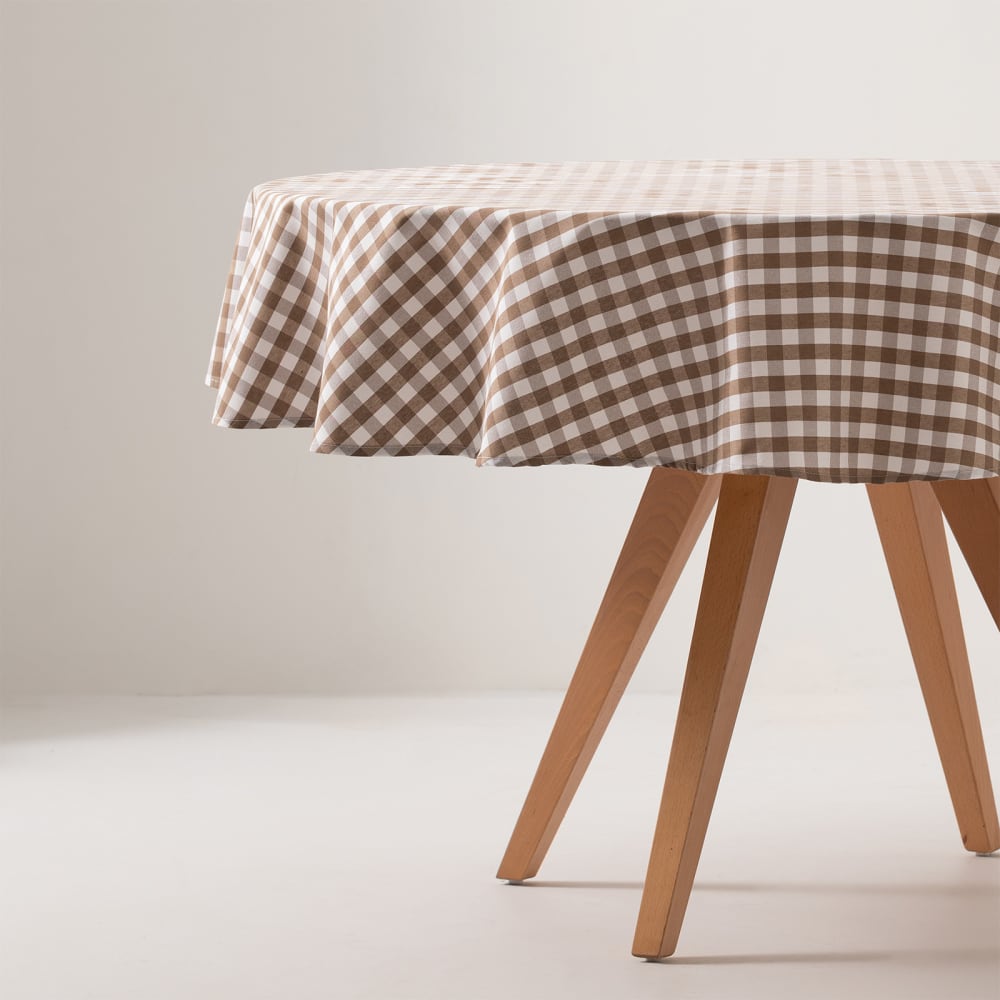 Nappe ronde en coton antitache tissu à carreaux taupe 160x160cm — vue 4