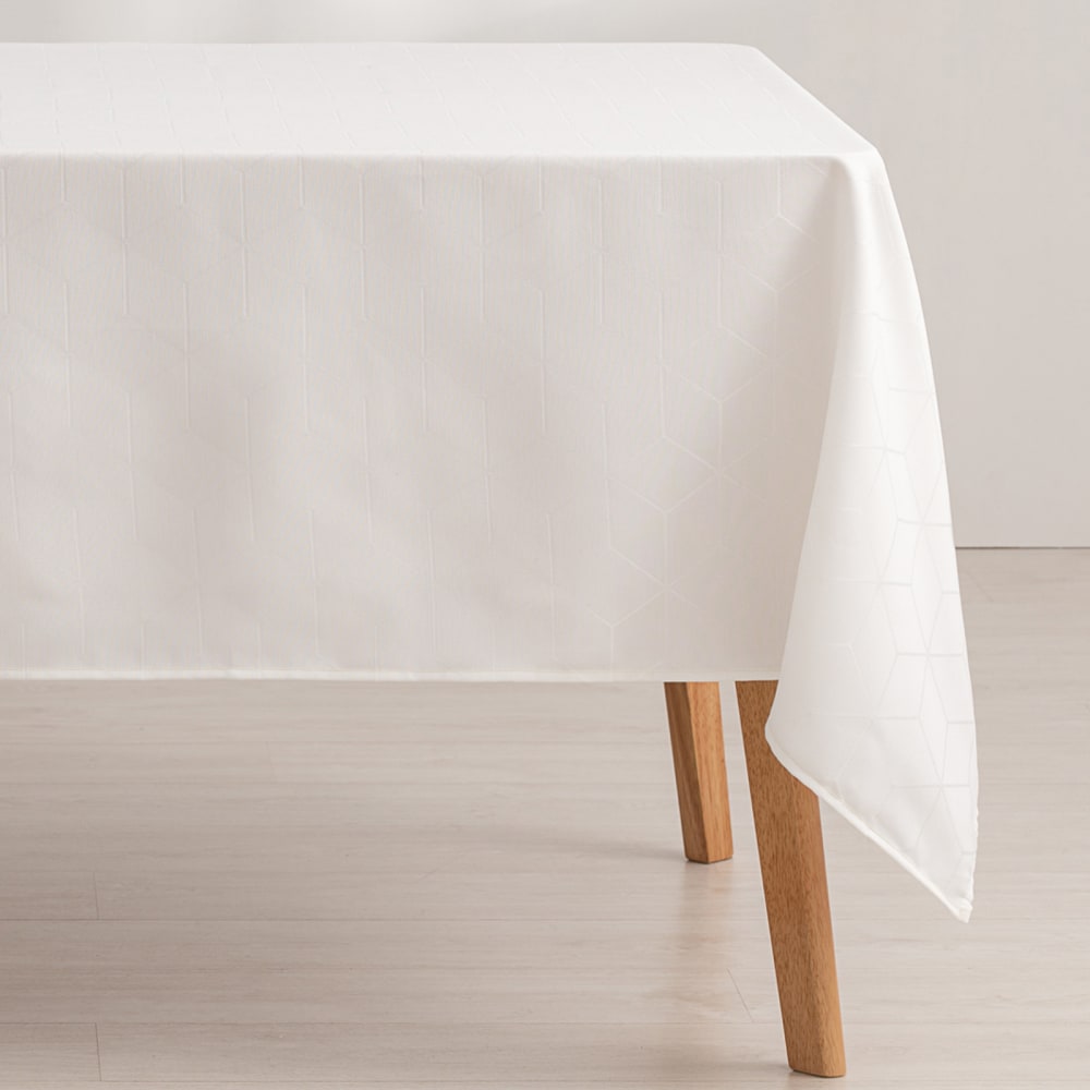Nappe en coton jacquard antitaches géométrique blanc 140x200 cm