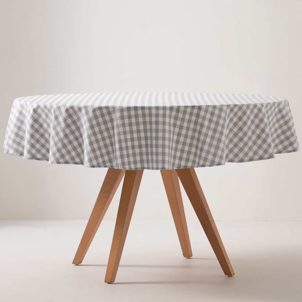 Nappe ronde en coton antitache tissu à carreaux gris clair 160x160cm