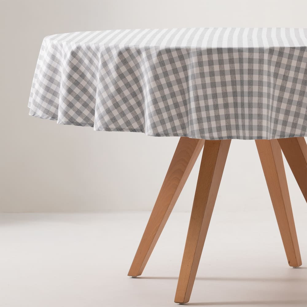 Nappe ronde en coton antitache tissu à carreaux gris clair 160x160cm — vue 4