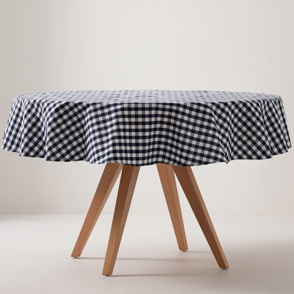 Nappe ronde en coton antitache tissu à carreaux marine 160x160cm