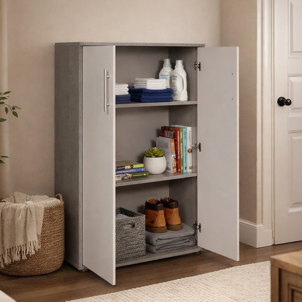 Armoire polyvalente à 2 portes effet bois blanc, ciment 79x34h118 cm - Maisons du Monde