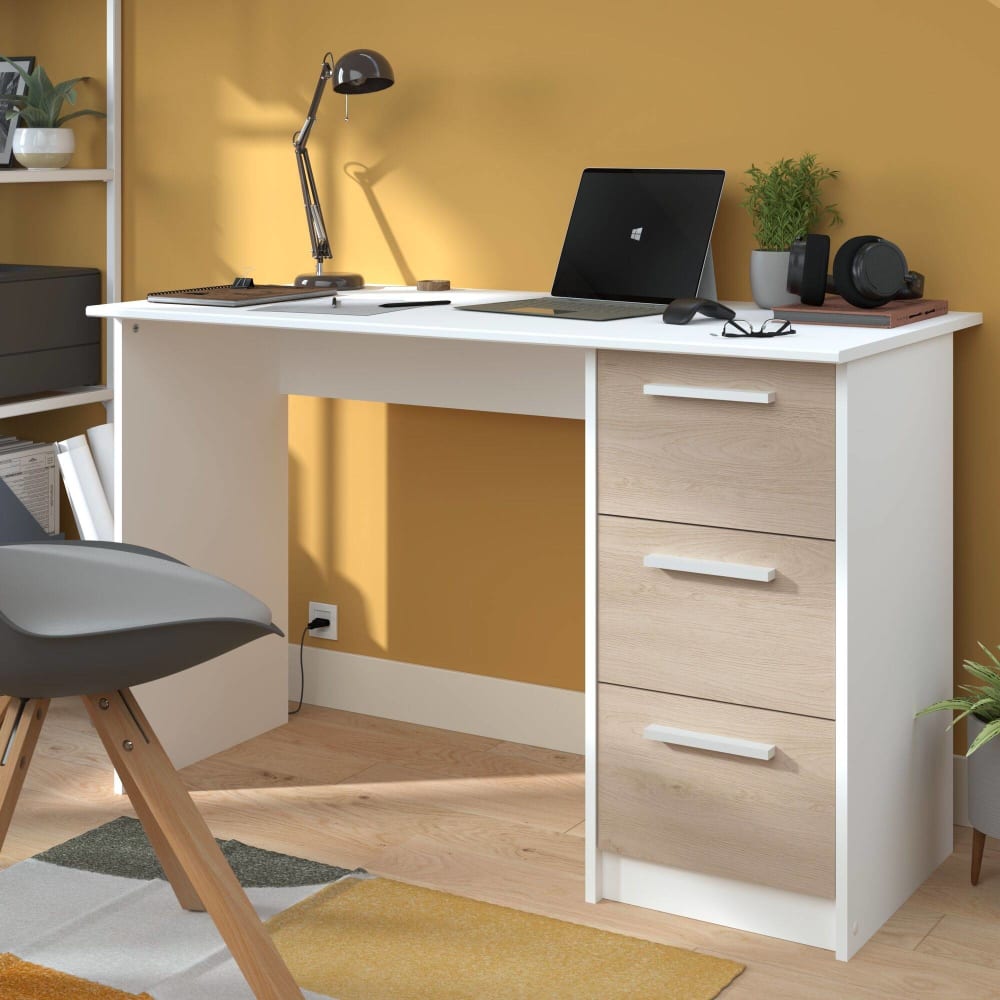 Bureau 3 tiroirs effet bois blanc/bois