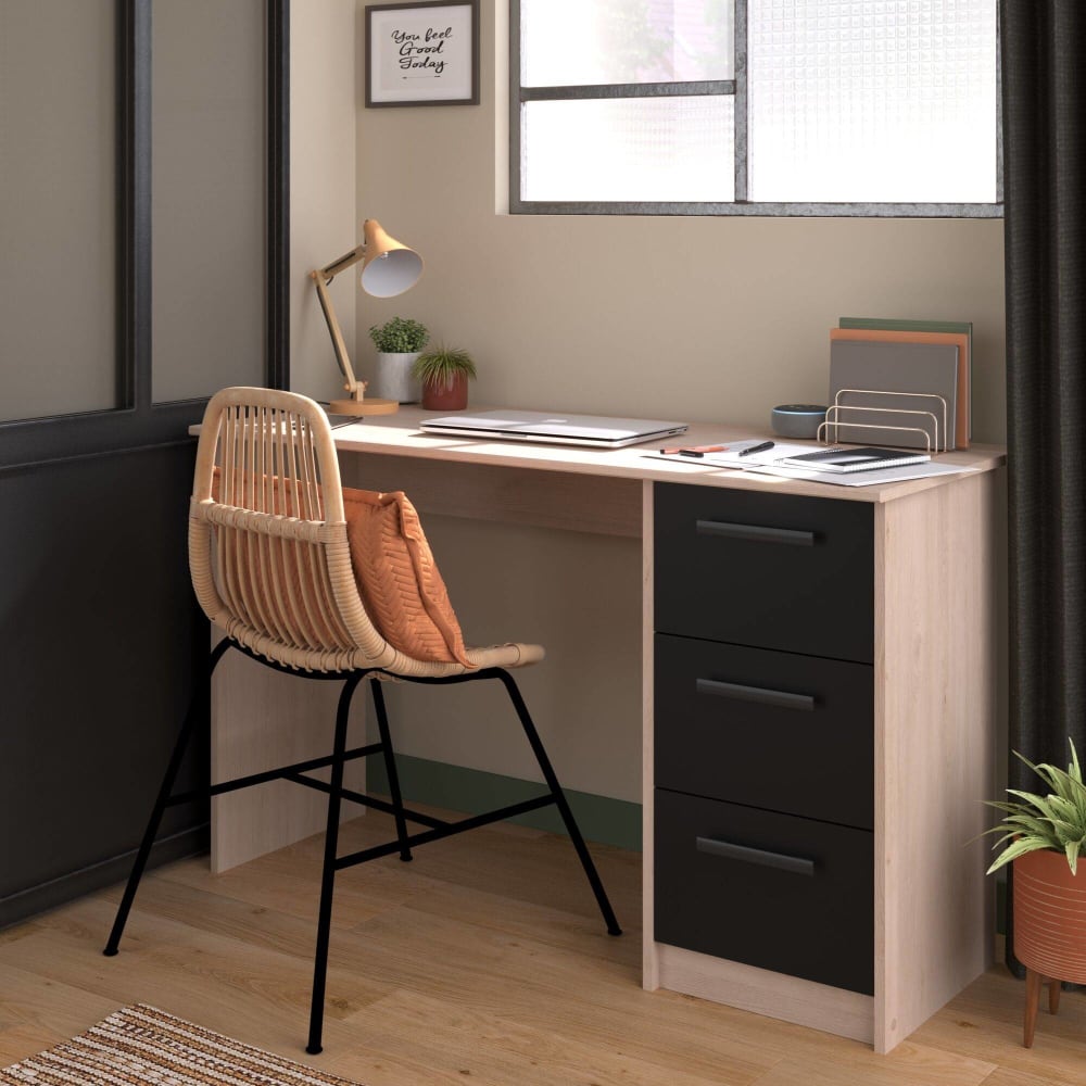 Bureau 3 tiroirs effet bois bois/noir